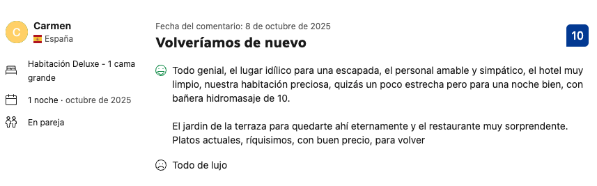 opiniones positivas de casa rural puerto del emperador en Booking